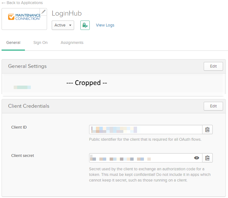 LoginHub General Settings & Client Credentials Menu